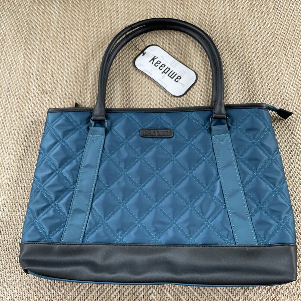 Keepwe Shoulder Bag Blue Nylon Quilted with Black Dual Handle and Bottom New